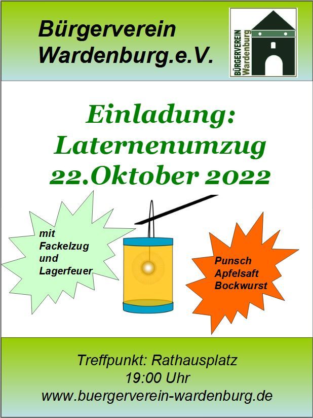 Einladung zum Laternenumzug am 22. Oktober 2022 mit dem Bürgerverein Wardenburg. Start 19 Uhr am Rathausplatz www.buergerverein-wardenburg.de