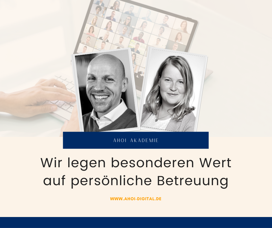 Sebastian Neumann und Yvonne Gertje von der Ahoi Akademie informieren Dich über die digitale Ausbildung zum IHK Online Marketing Manager