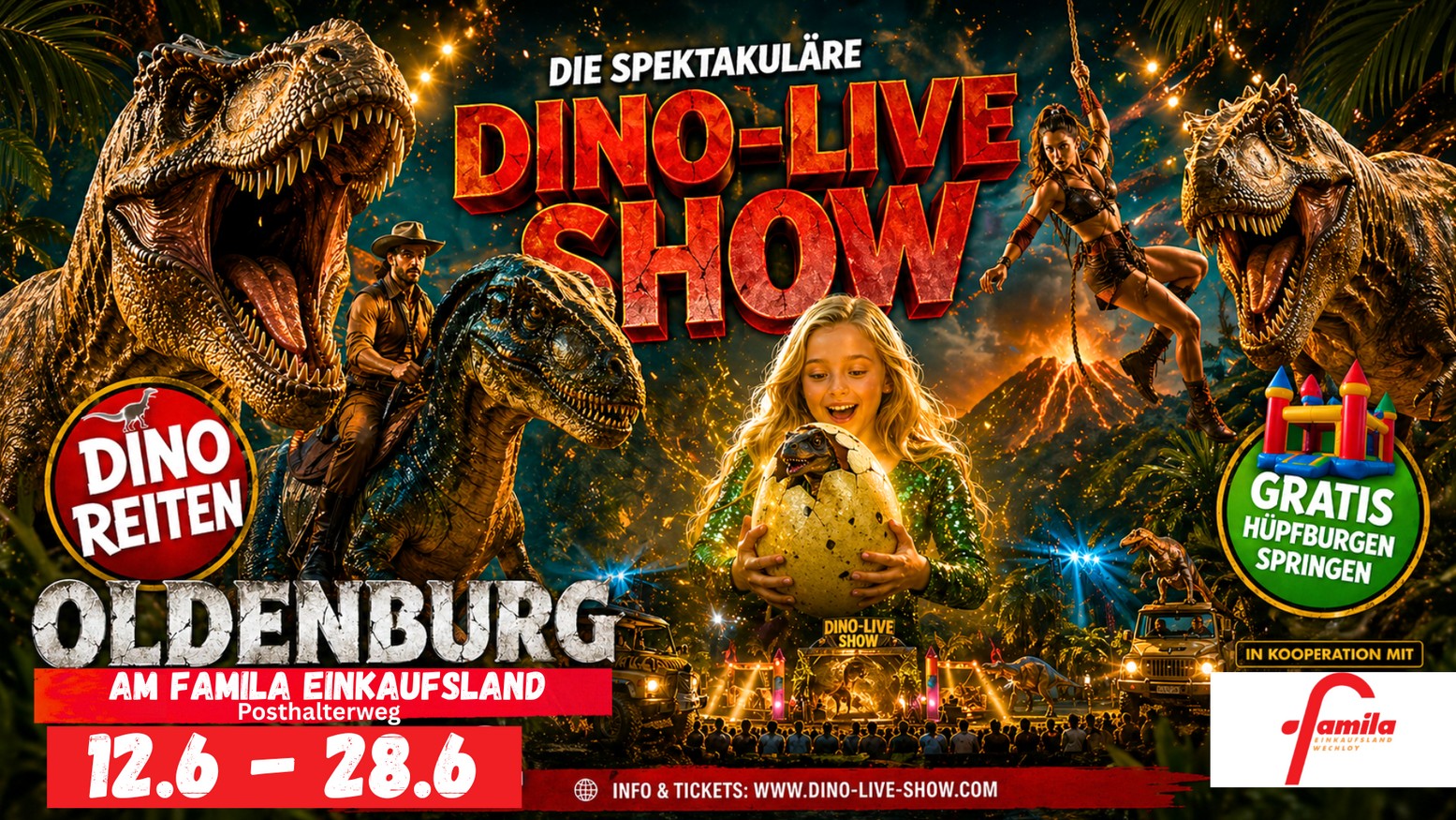 Dinoshow live vom 12. - 28. Juni 2026 am Famila Einkaufsland Oldenburg Wechloy. Die spektakuläre Dino-Live Show Frankcalli mit gratis Hüpfburgen springen und Dinoreiten. Mehr unter Tel.: 0173-6094464 www.dino-live-show.com Freikartenverlosung Oldenburger Internetzeitung Landkreis Kurier dinoshow_oldenburg_famila_einkaufsland_wechloy_dinoreiten_dinoshow_artistik_huepfburgen_dionoreiten