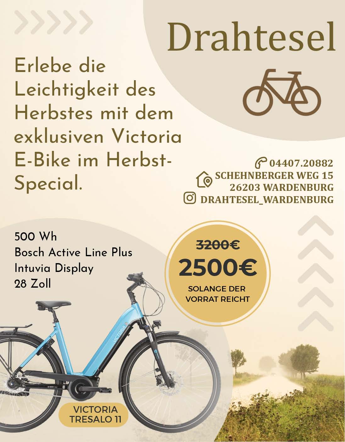 Drahtesel der Fahrradladen - die Fahrradwerkstatt in Wardenburg. Aktuell im angebote Victoria Tresaldo 11 mit Bosch Motor Tel.: 04407 - 20882 in instagram Drahtesel_Wardenburg fahrradgeschäft_wardenburg_fahrradwerkstatt_drahtesel