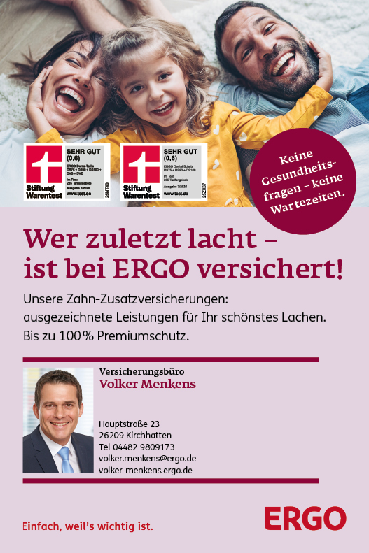 Zahn-Zusatzversicherung der ERGO ausgezeichnet von Stiftung Warentest. Informationen bei Volker Menkens Kirchhatten volker-menken.ergo.de ergo_zahnzusatzversicherung_volker_menkens_hatten