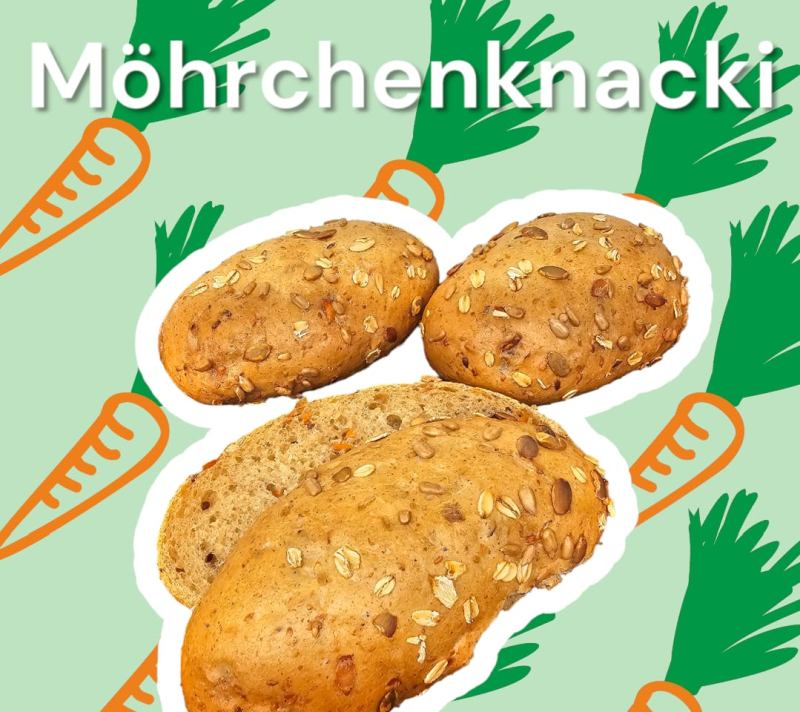 Möhrchenknacki - leckere Brötchen mit selbst hergestelltem Backteig vom Dorfbäcker Kirchatten. Bestellen unter Tel.: 04482 - 308