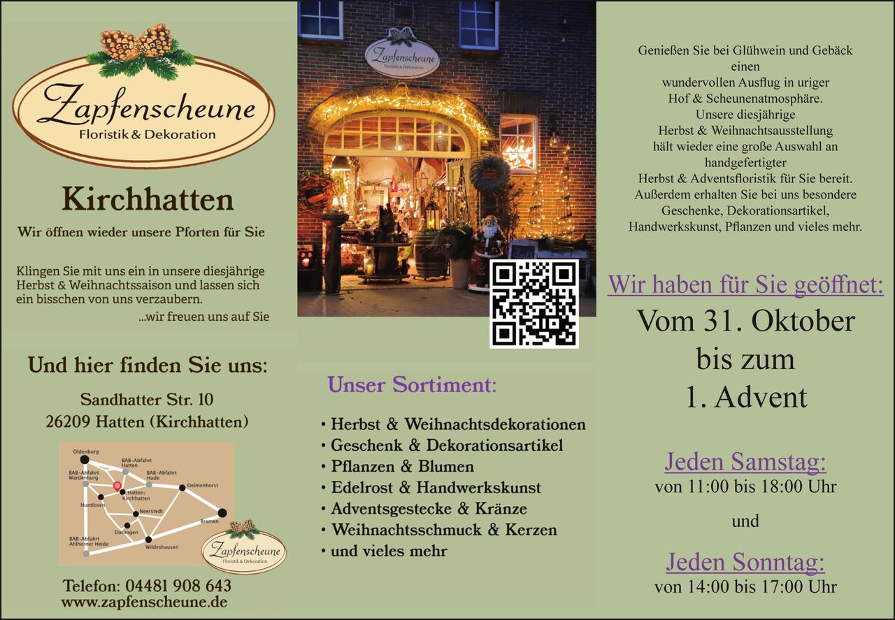 Zapfenscheune Floristik & Dekoration in Kirchhatten Eröffnung am 31.10.2026 - www.zapfenscheune.de | Digitalanzeige Zeitung Hatten WH Meine Region + Landkreis-Kurier zapfenscheune-hatten-floristik-dekoration-snja-deutscher