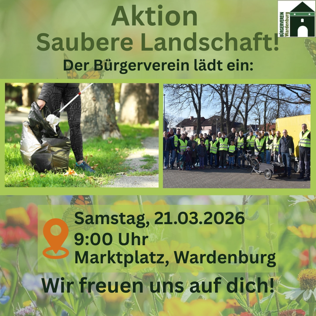 Aktion saubere Landschaft mit dem Bürgerverein Wardenburg am 21. März 2026 9.00 Uhr Treffpunkt Marktplatz Huntestrasse. Bericht im Landkreis Kurier www.landkreis-kurier.de saubere_landschaft_wardenburg_2026_buergerverein_aufruf
