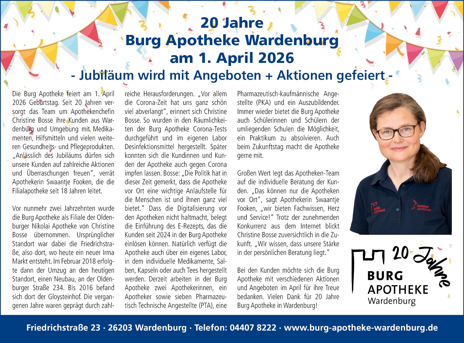 20 Jahre Burg Apotheke Wardenburg 1. April 2025 https://www.burg-apotheke-wardenburg.de/ burg-apotheke_wardenburg_jubiläum_anzeige_zeitung_wardenburg-hatten_meine-region