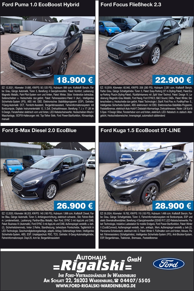 Ford Autohaus Rigalski Wardenburg Gebrauchtfahrzeuge und Neufahrzeuge bei Ford Vertragshändler www.ford-rigalski-wardenburg.de Tel.: 04407 - 5505 autohaus-wardenburg-rigalski-gebrauchtfahrzeuge_anzeige_zeitung_wh-meine-region_regionalzeitung_oldenburg
