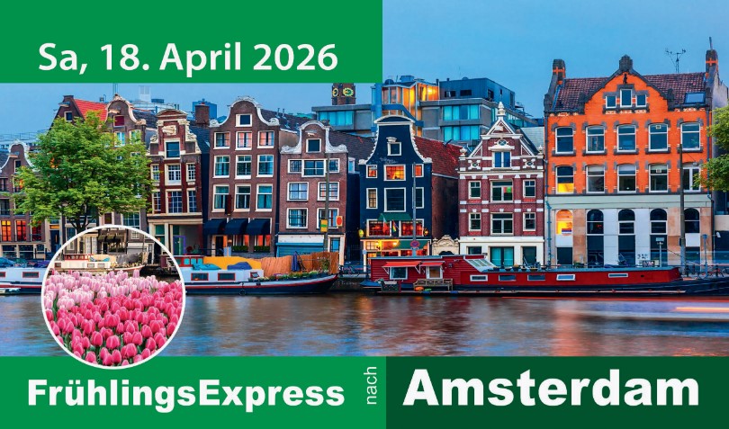 Mit dem Frühlingsexpress per Sonderzug am 18. April 2026 nach Amsterdam. Start in Sande über Oldenburg, Leer, Emsland. sonderfahrt_zug_ostfriesland_oldenburg_amsterdam_bahnservice_ott_frühlingsexpress_april_2026