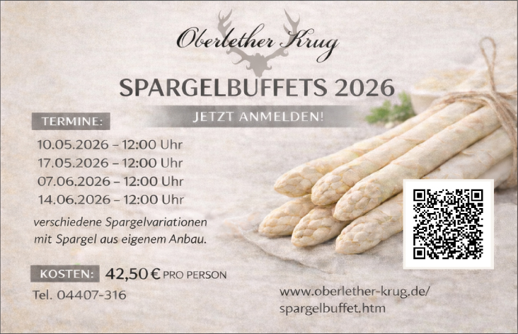 Spargelbuffets 2026 im Oberlether Krug - Willers Wardenburg https://www.oberlether-krug.de/spargelbuffet.html ogerlether_krug_spartel_buffet_restaurant_wardenburg_spargelbuffet_termine_2026-krug.de/spargelbuffet.html