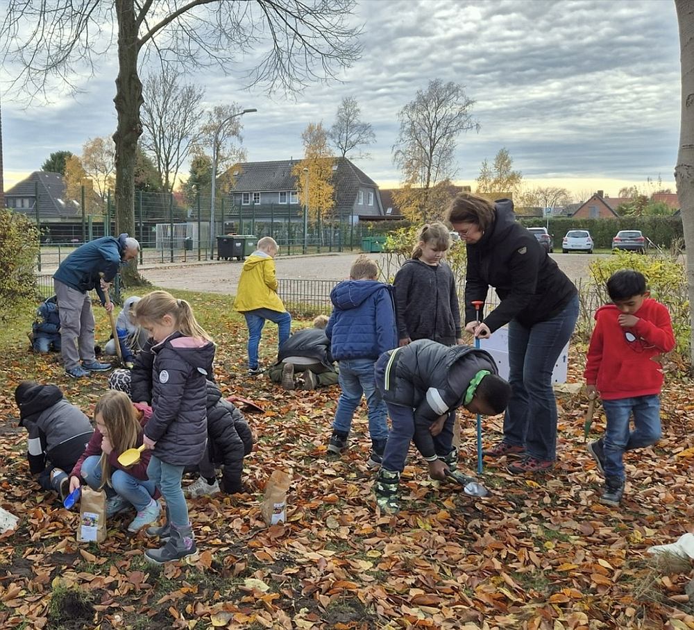 Schüler der Grundschule Wardenburg pflanzten Blumenzwiebeln auf dem Gelände an der Litteler Straße in Wardenburg ein. Konrektorin und Klassenlehrerin Hile Büscher und Maria Penning unterstützten die Kinder dabei. Foto: Maria Penning www.landkreis-kurier.de Schüler der Grundschule Wardenburg pflanzten Blumenzwiebeln auf dem Gelände an der Litteler Straße in Wardenburg ein. Konrektorin und Klassenlehrerin Hile Büscher und Maria Penning unterstützten die Kinder dabei. Foto: Maria Penning www.landkreis-kurier.de