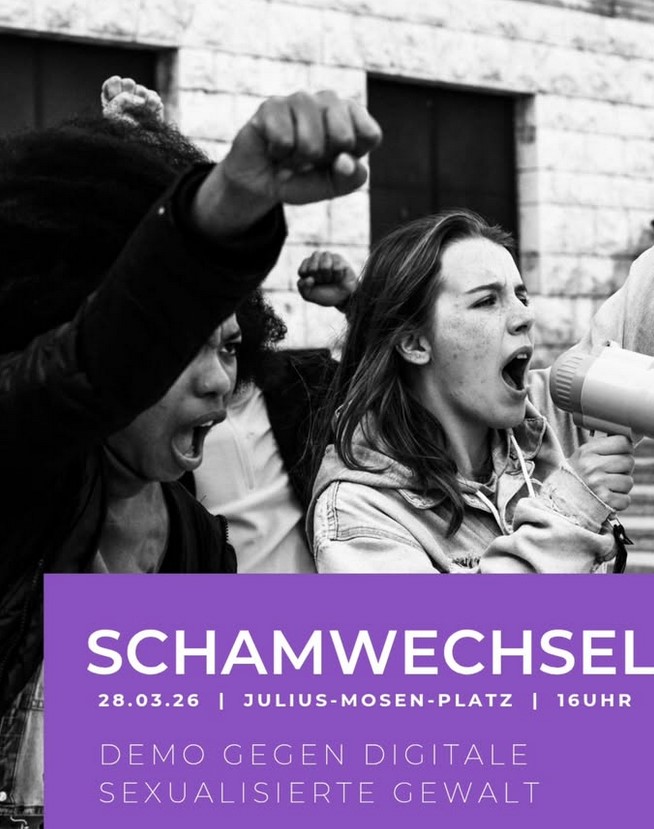 Schamwechsel - Demonstration in Oldenburg gegen sexualisierte Gewalt. am 28.03.2026 16.00 Uhr Julius-Mosen-Platz. Veranstalter: FrauenStreik Oldenburg schamwechsel-demo-oldenburg_frauenstreik_sexualisierte_gewalt_plakat