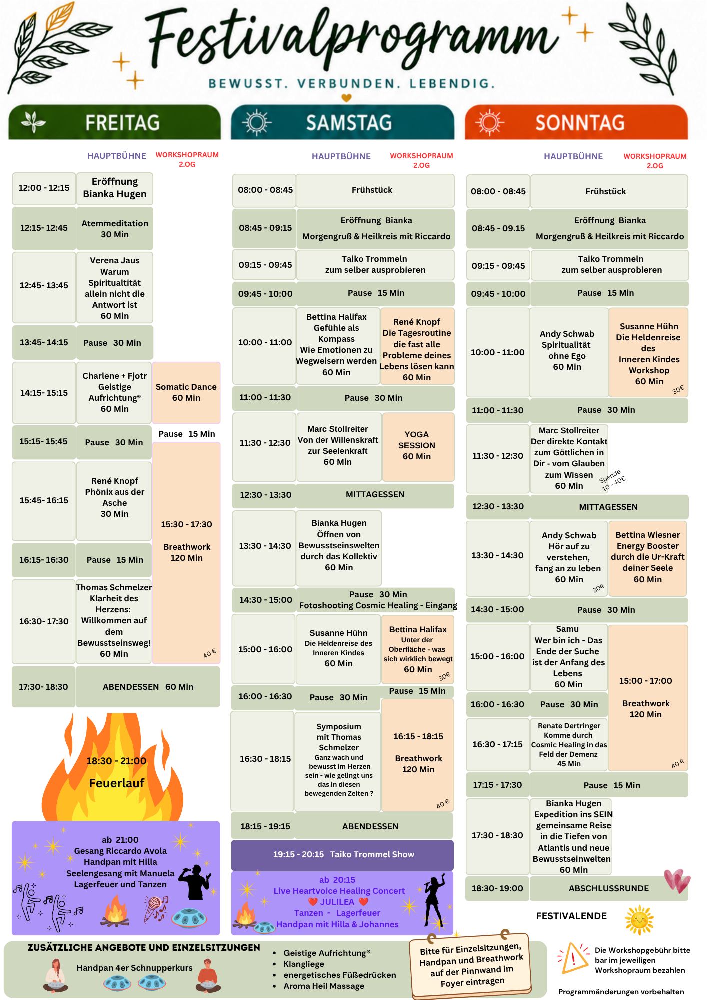 Festivalprogramm Soul Awakening Festival Hof Oberlethe Wardenburg vom 21. - 23. August 2026 www.soul-awakening-festival.com Festivalprogramm Soul Awakening Festival Hof Oberlethe Wardenburg vom 21. - 23. August 2026 www.soul-awakening-festival.com
