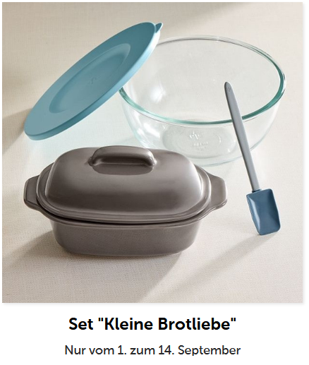 Kleine Brotliebe - das Stonewareset vom Pampered Chef ® im Angebot vom 1. bis 14. September 2026 mit Kleiner Ofenmeister, Glasrührschüssel und Kleiner 2-in-1 Teigschaber. Mehr dazu im Pampered Chef Shop GrAbo → https://www.pamperedchef.de/pws/grabo/product/DEO-Produkt-Specials/PB2609 kleine-brotliebe_set_stoneware_pampered_chef_brotbacken_pc-stoneware_grabo