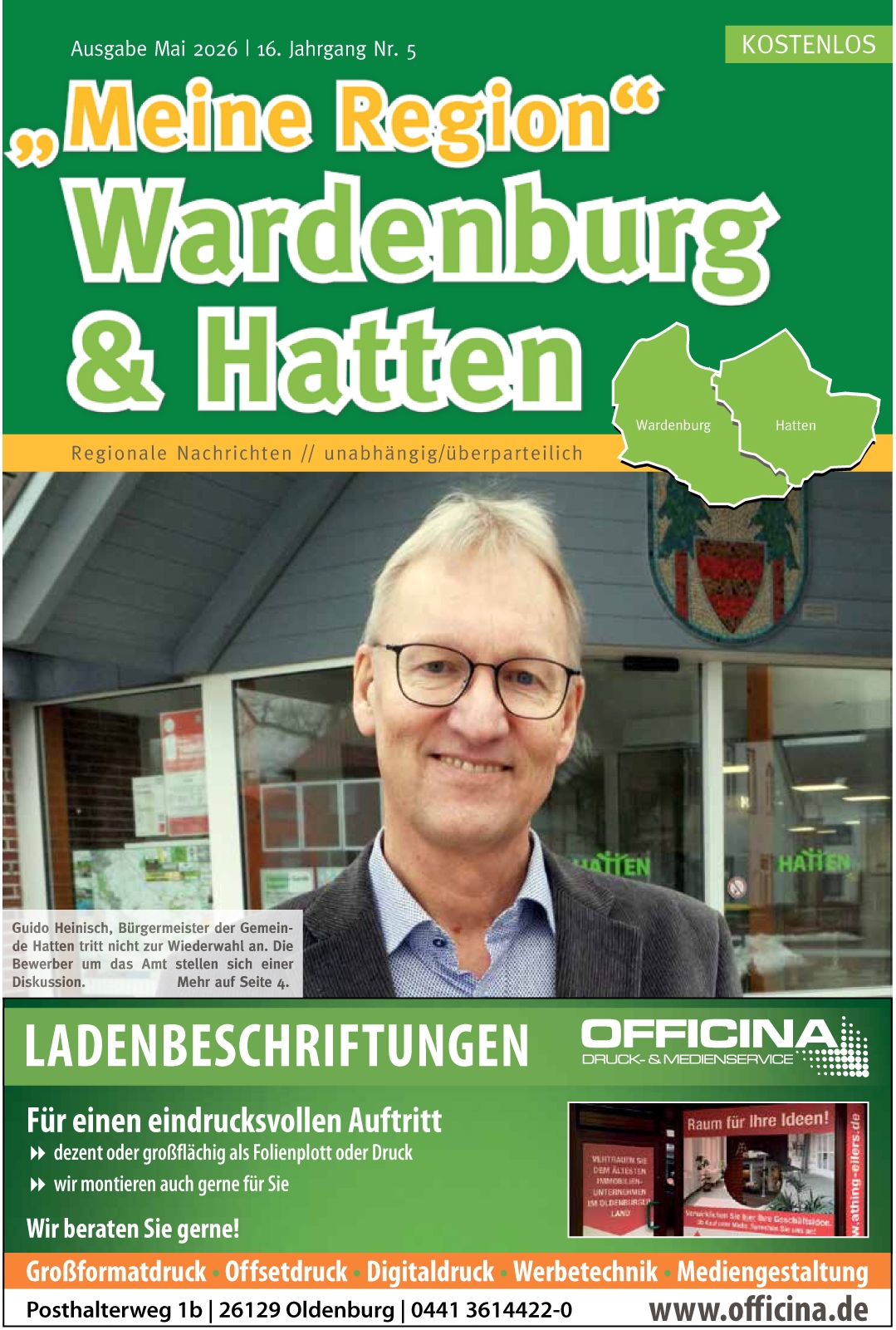 Zeitung Hatten und Wardenburg - Bürgermeister Guido Heinisch tritt nicht zur Wiederwahl an. Titelseite Mai 2026. Foto Uta Grundmann-Abonyi wh-meine-region-mai_2026_zeitung_hatten_wardenburg