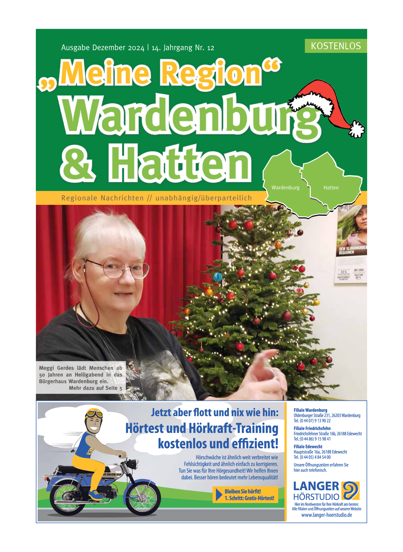 Meine Region Wardenburg & Hatten - Ausgabe Dezember 2024. Titelfoto: Meggi Gerdes organisiert an Heiligabend ein Treffen im Bürgerhaus Wardenburg. Foto: Uta Grundmann-Abonyi SEO Redaktion GrAbo