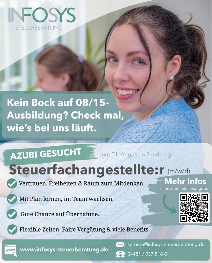 Ausbildungsplatz Steuerfachange:r in Hatten Sandkrug bei INFOSYS STeuerberatung https://www.infosys-steuerberatung.de/jobs/auszubildender-zum-steuerfachangestellten-m-w-d/ ausbildung_steuerberater_steuerfachangestellter_oldenburg_landkreis_infosys_steuerberatung_hatten-sandkrug
