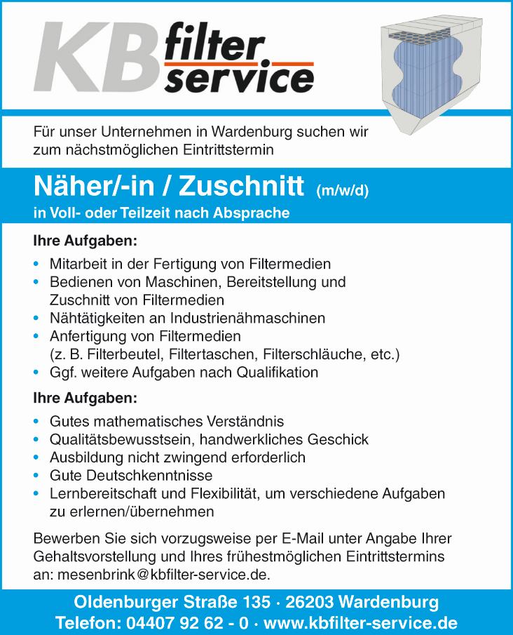 KB filter service Wardenburg Stellenangebot Näher:in Zuschnitt www.kbfilter-service.de KB filter service Wardenburg Stellenangebot Näher:in Zuschnitt www.kbfilter-service.de
